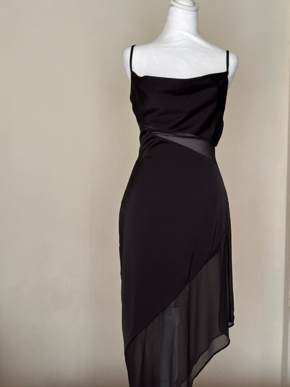 NBD Black Asymmetrical Slip Dress with Sheer Insets Size XS Revolve